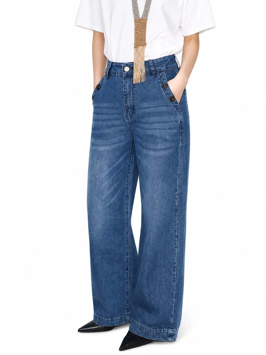 Women's High-Waisted Wide-Leg Jeans - Basic, Comfortable, Loose Medium Blue Washed Denim, Side Buttons, Full Length, Streetwear