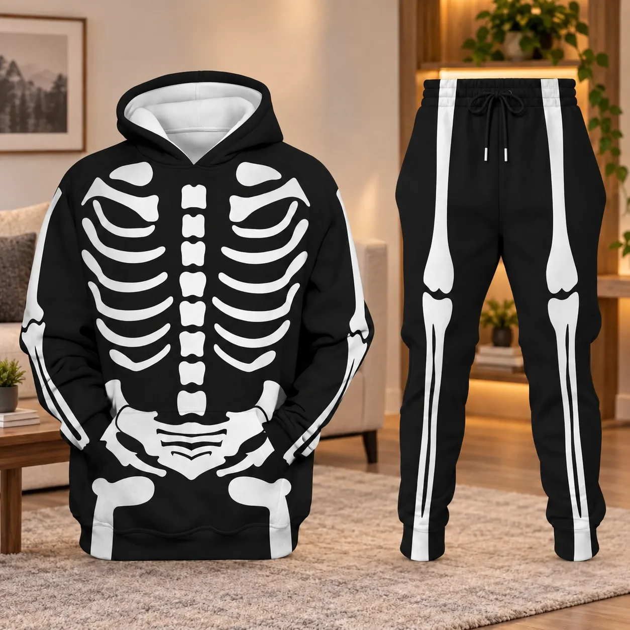 2026 Family Matching Skeleton Hoodie Set Halloween Bone Print Pullover Sweatshirt Jogger Pants Men Teen Cosplay Party Tracksuit