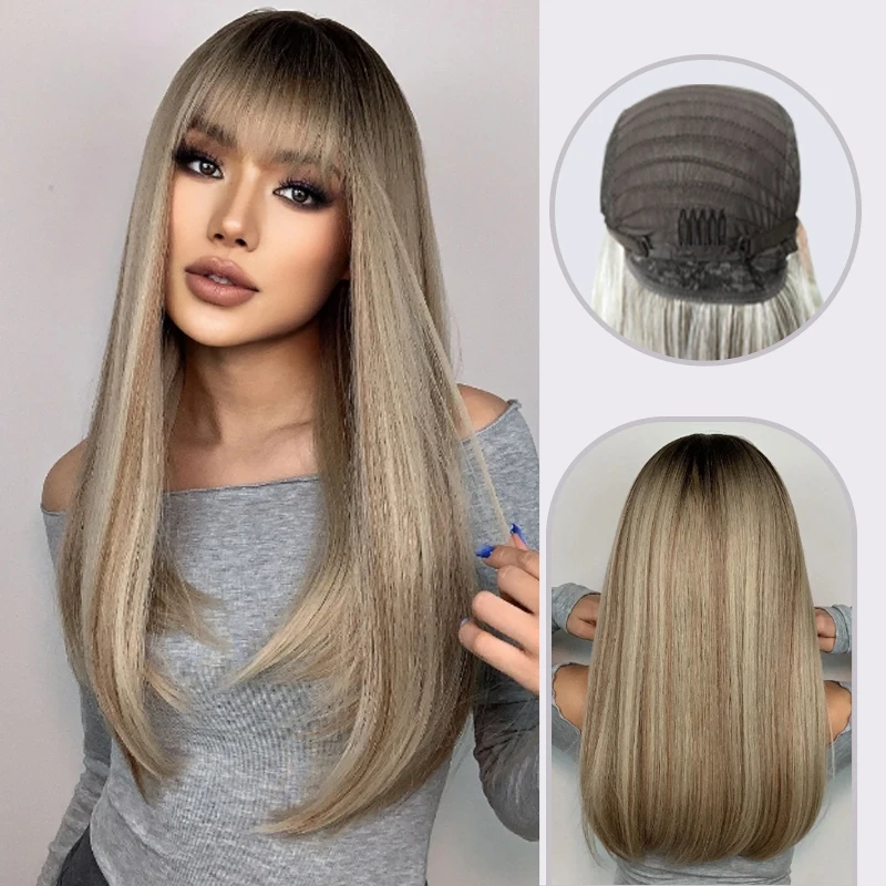 

Long Straight Synthetic Wigs for Women Natural Brown Blonde Wig with Bangs Heat Resistant Cosplay Party Hair