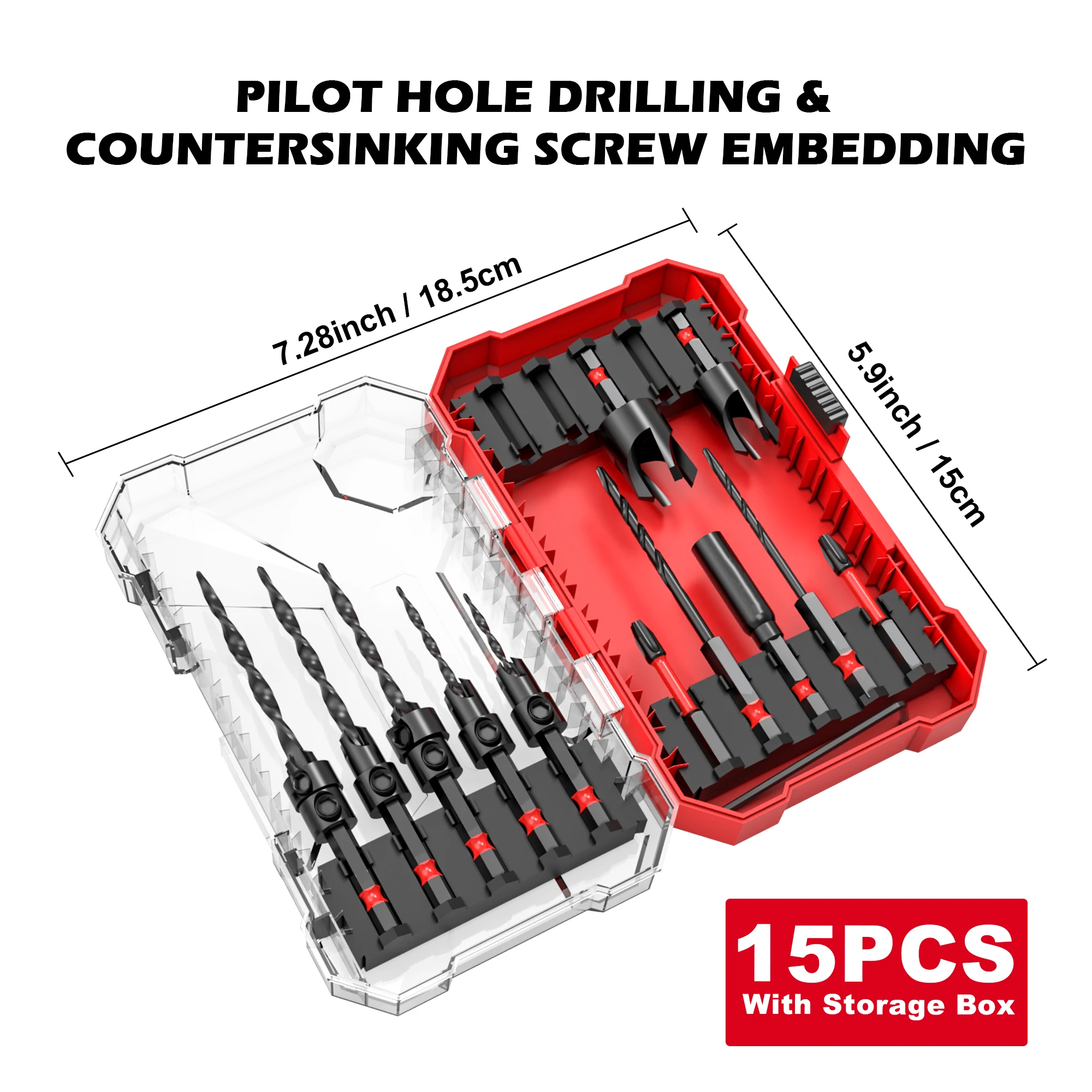 EZARC 15pcs Countersink Drill Bits Set, Tapered Drill Bits for Wood, with Phillips Screwdriver Bits, Extension Bit Shaft