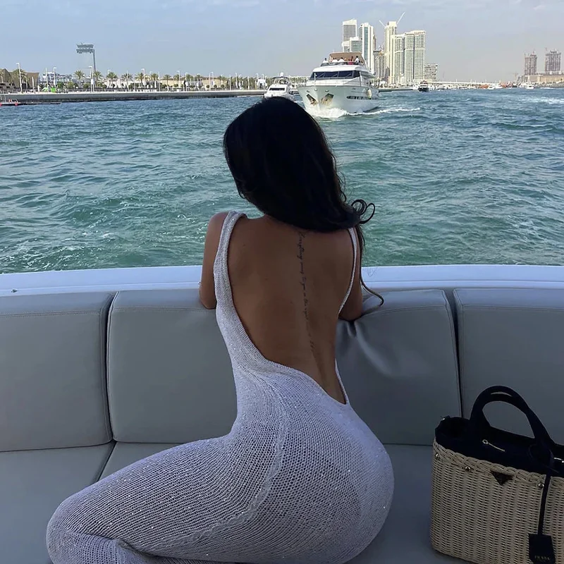 Vestido de playa de vendaje largo para mujer, traje de baño Sexy de punto con lentejuelas y espalda descubierta, traje de baño de ganchillo, pareo femenino