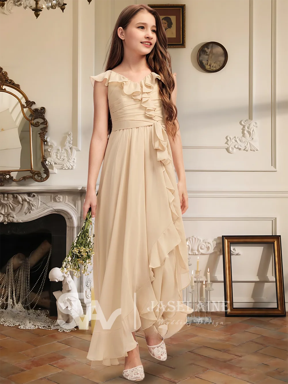 Элегантное асимметричное шифоновое платье трапециевидной формы с v-образным вырезом для подружек невесты, каскадное платье с оборками для девочек с цветочным узором, праздничное свадебное платье для девочек