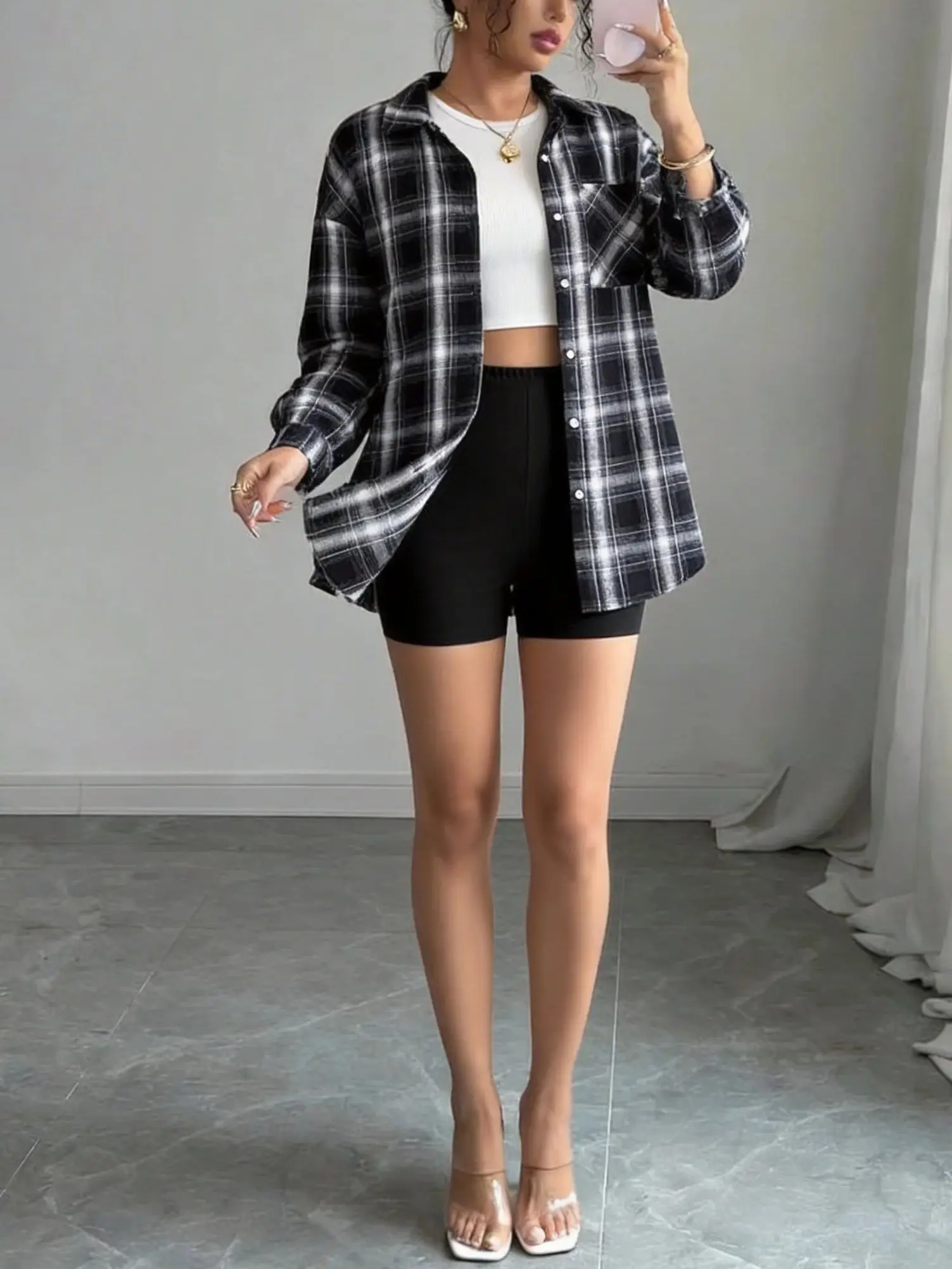 

Fashion 3pcs Tracksuit Plaid Shirt Tops Vest Biker Shorts Set, Casual Preppy Style Daily Commute Back To School Outfits For Wome