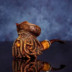 Hand carved tobacco pipe Pirate Davy Jones head pipe Octopus design briar wood pipe body Cumberland pipe mouthpiece Length 145mm