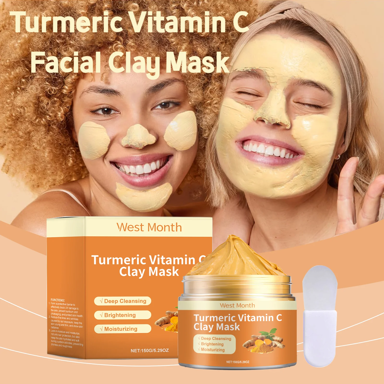 

West&Month 150g Turmeric Vitamin C Clay Mask Exfoliating Facial Clean Pores Remove Blackhead Improve Dullness Nourish Face Mask