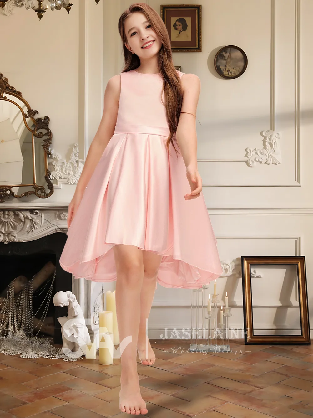 Scoop Junior Bruidsmeisjesjurk Met Asymmetrische A-lijn Satijnen Rok Strik Geplooide Bloemenmeisjesjurk Voor Bruiloft Gelegenheid