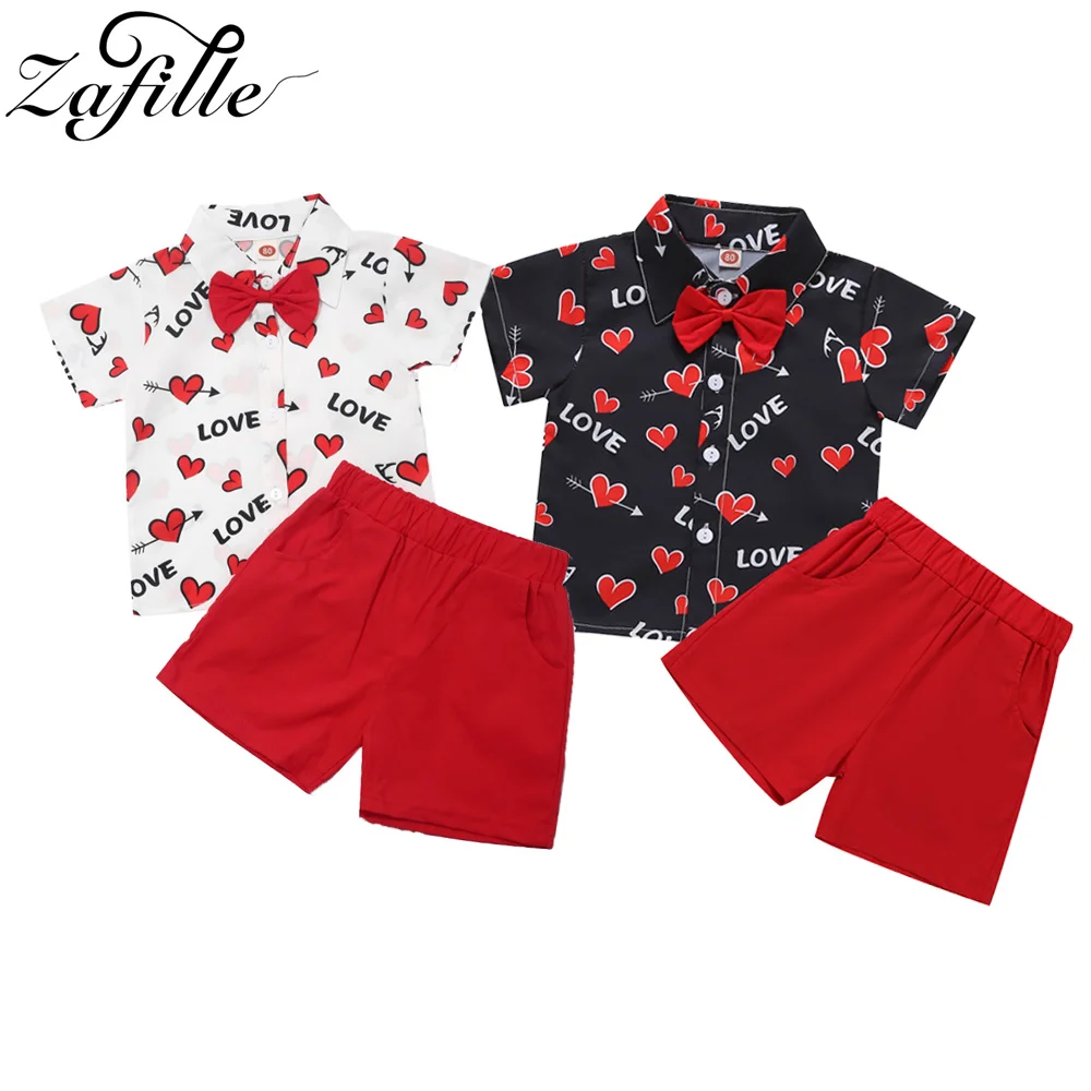 ZAFILLE Handsome Baby Clothes Set Valentine's Day Boys Costume LOVE Print Shirt+ Red Shorts Party Children's Clothing Boys Suits