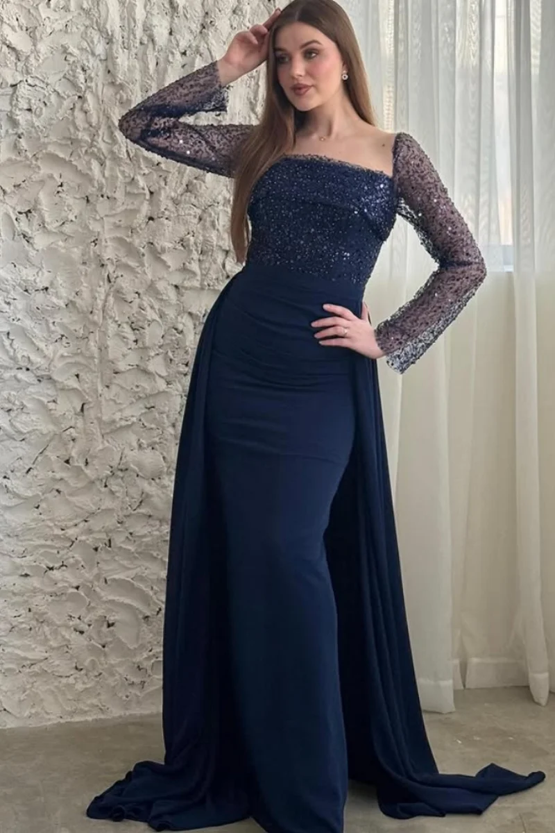 Jessica maniche lunghe con paillettes scintillanti Abiti da sera Abiti da ballo blu scuro Sirena Lady Abiti da festa personalizzati