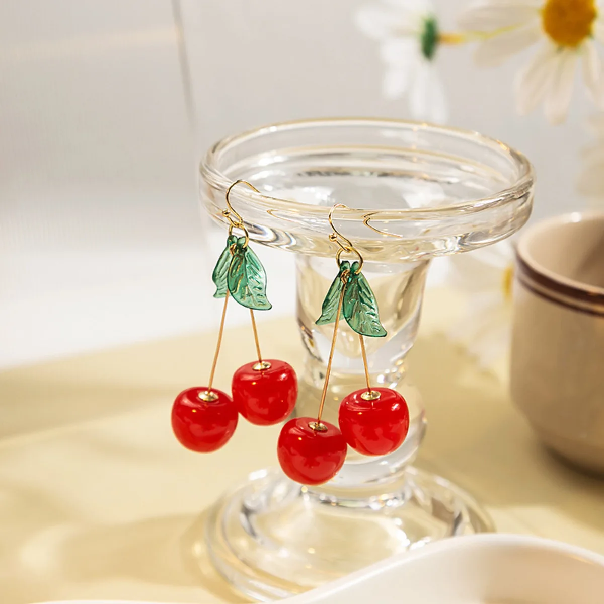 Influencer - Loved Cherry Green Leaf Resin Earrings Cute Cartoon Stud Dangle Earrings Trendy Student Jewelry for Daily & Party