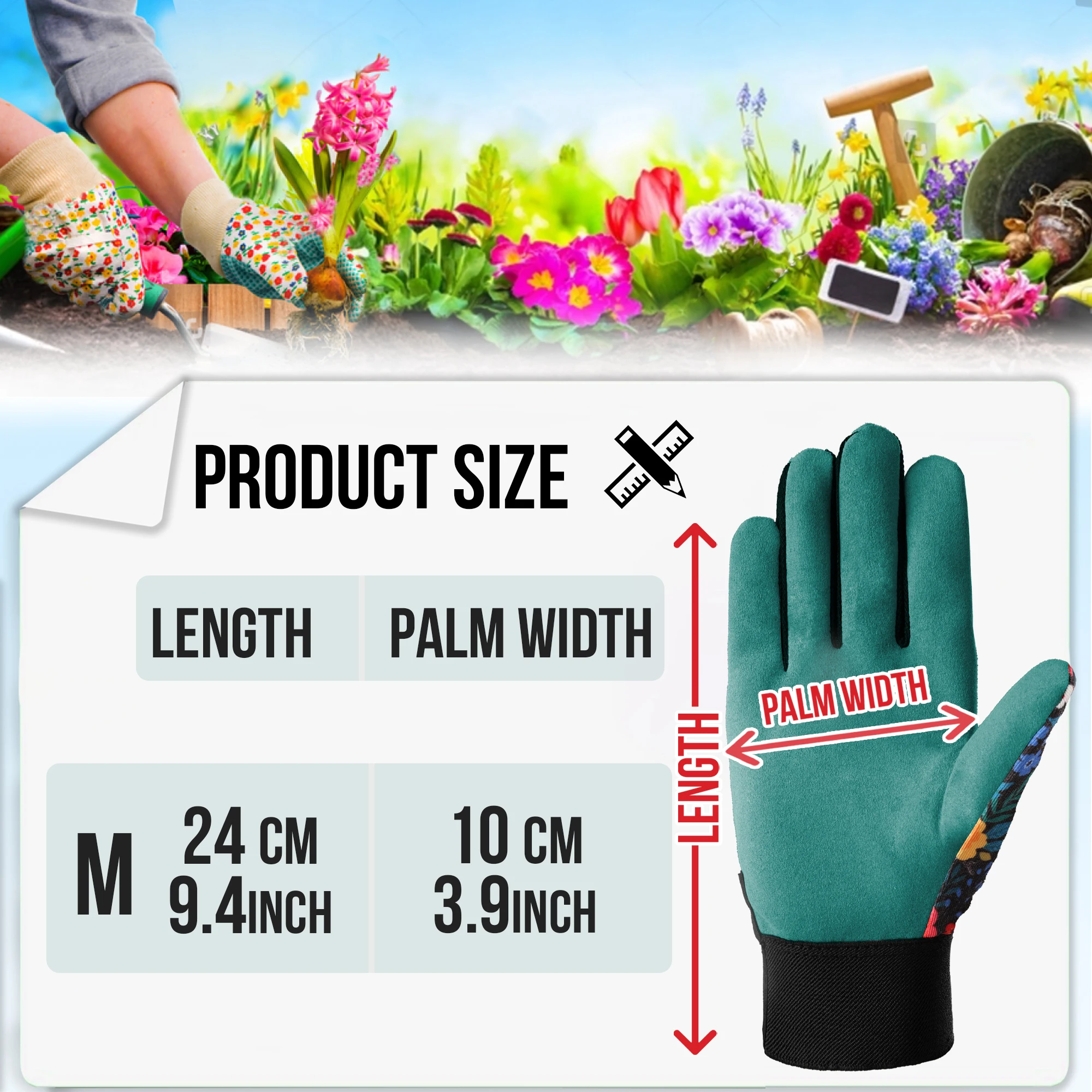 1 Pair Gardening Gloves for Women Lightweight Floral Print Durable Polyester Ergonomic Design for Gardening
