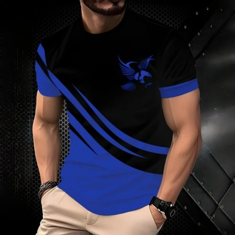 Herren-T-Shirt mit schwarzem, blauem Adler-Print, diagonale Streifen, Farbblock, Rundhalsausschnitt, kurze Ärmel, weich, atmungsaktiv, lässig, Streetwear, Outdoor
