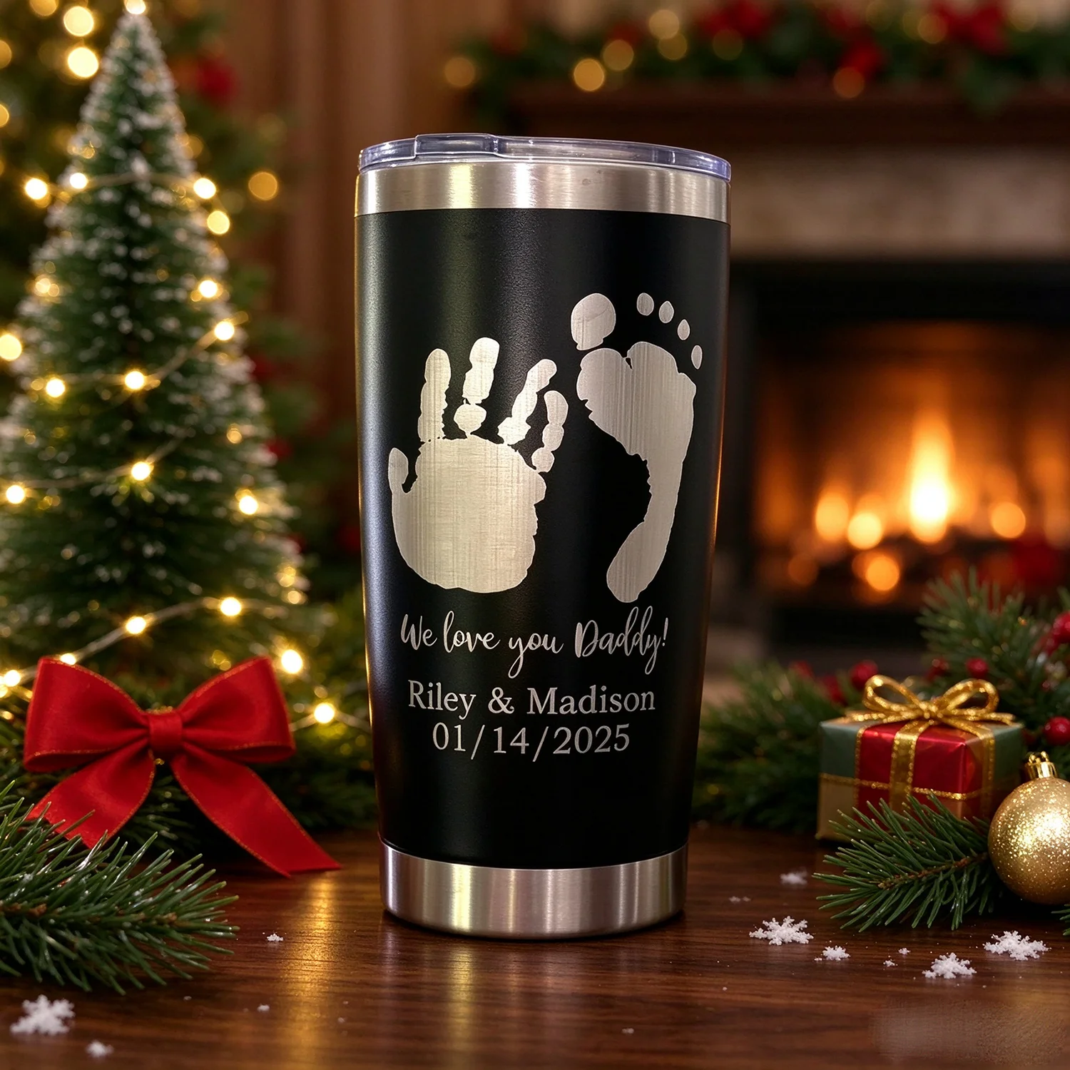 Baby Handprint Footprint Stainless Steel Tumbler, Custom Engraved Name Date Travel Mug, Christmas Father's Day Gift for Dad Mom.
