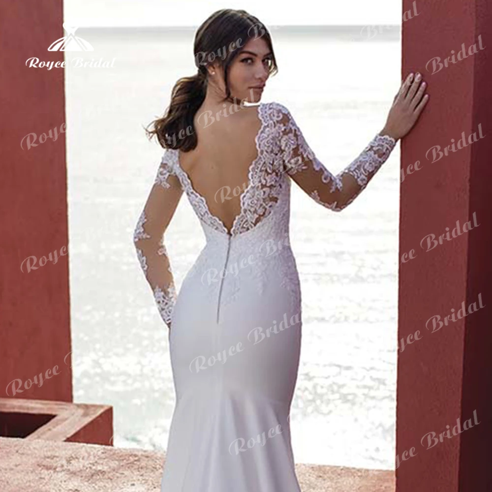 Sexy O Neck Lace Long sleeves Open Back Satin Sweep Mermaid Wedding Dress For Women Boho Bridal Gowns Robe De Mariée Vestidos De