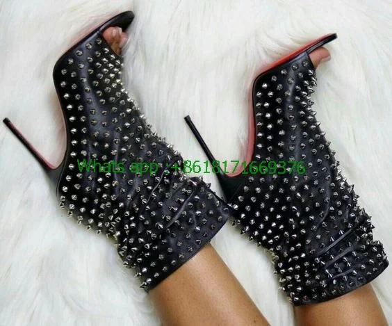 Sales Ladies Sexy Spike Mid-calf Peep Toe Rivet Boots zapatos mujer Fsahion Thin High Heels Boots Women Show Big size 43 Shoes