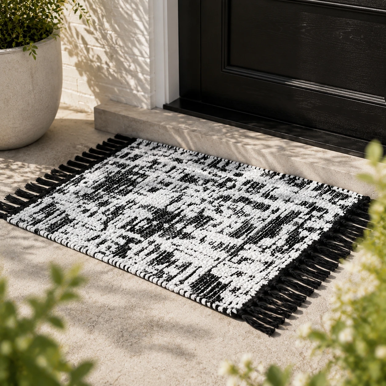 Geweven vloerkleed met franjes, antislip, boho-stijl voor entree, slaapkamer, woonkamer, keuken, badkamer en gang, wasbaar, decoratief