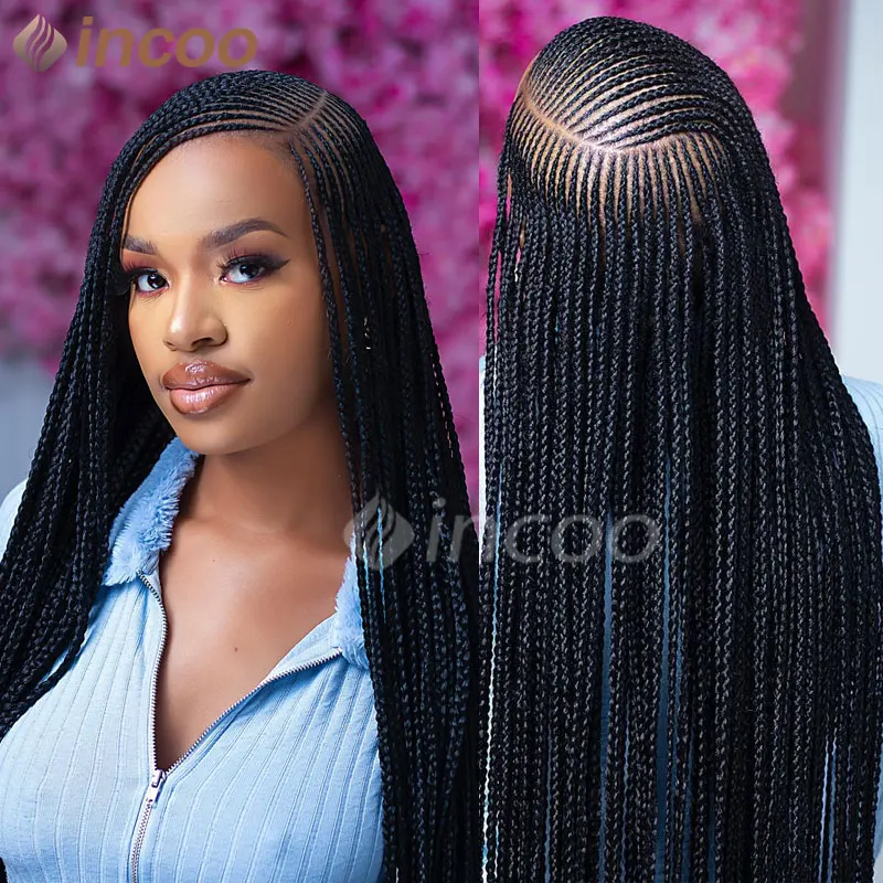 

36" Cornrows Braided Wigs Synthetic Sidepart Jumbo Braided Wigs Full Lace Wig For Black Women Knotless Faux Locs Box Braids Wigs