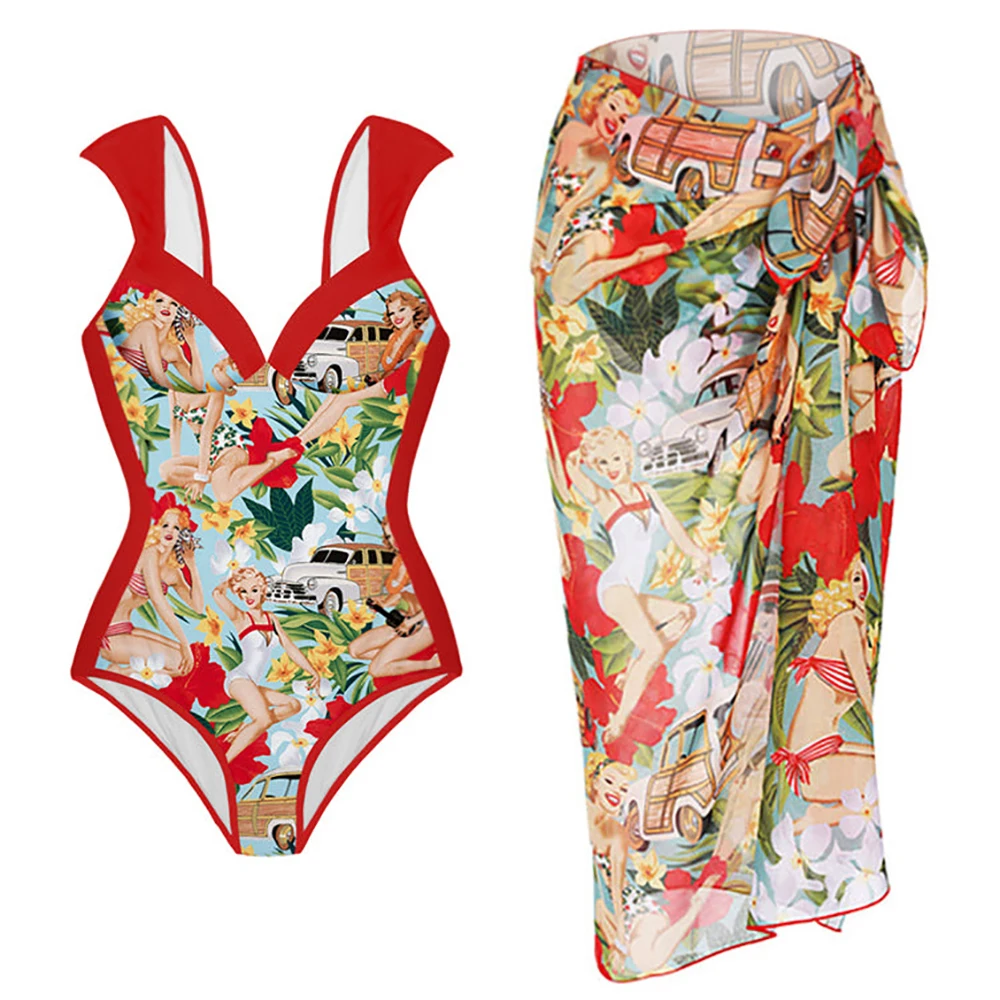 

Retro Swimwear Women 2022 Sexy Printed Bikini Red One-piece Swimsuit Bathing Suit Summer Skirt Beach Wear Plus Size Luxury