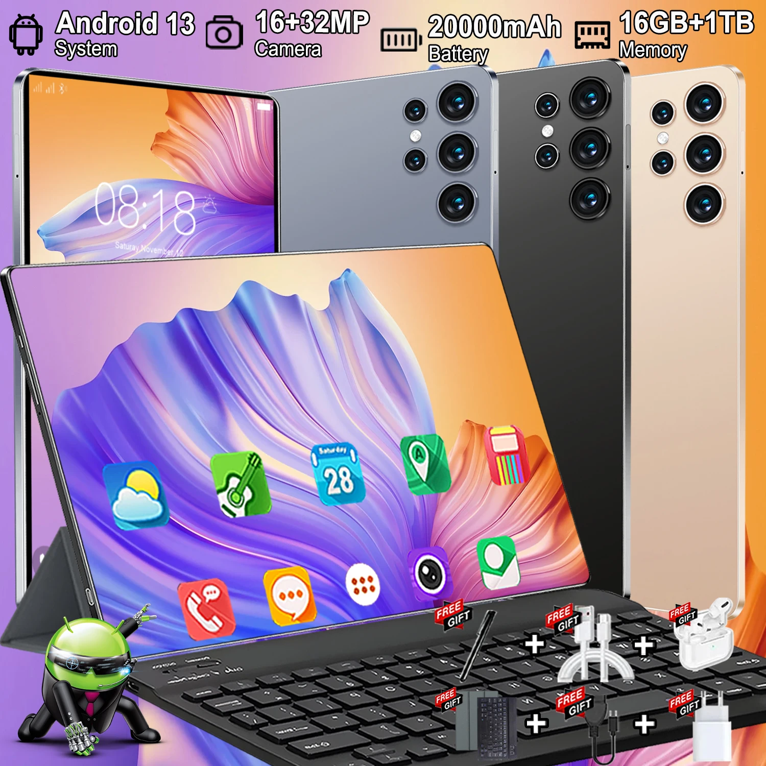 Nueva llegada premium 2026: Tablet web 5G con Android 13, potente CPU de 14 núcleos, 16 GB + 1 TB de memoria amplia, batería de larga duración, cámaras duales de 16 MP y 32 MP, delgada, ligera y versátil para múltiples escenarios.