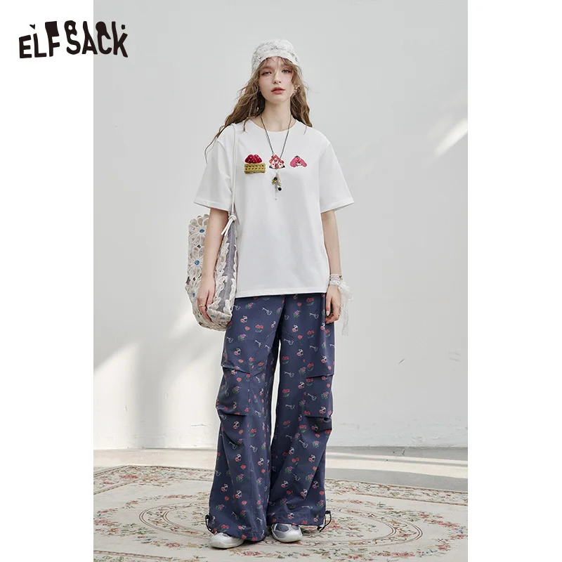 ELFSACK 2025 Spring New Arrivals High Street Loose All-over Print Casual Wide-Leg Pants for Women
