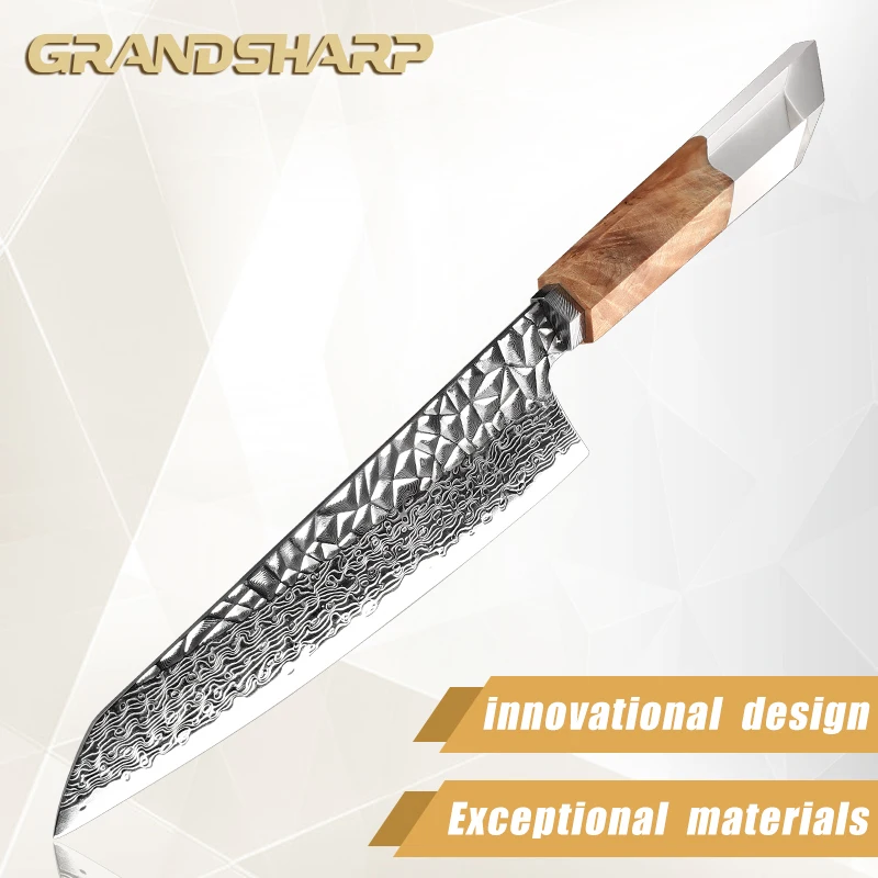 Premium Quality Chef Knife 8 Inch Damascus Blade Stabilized Wood Handle Meat Vegetables Cooking Butcher Kitchen Tool Beige White