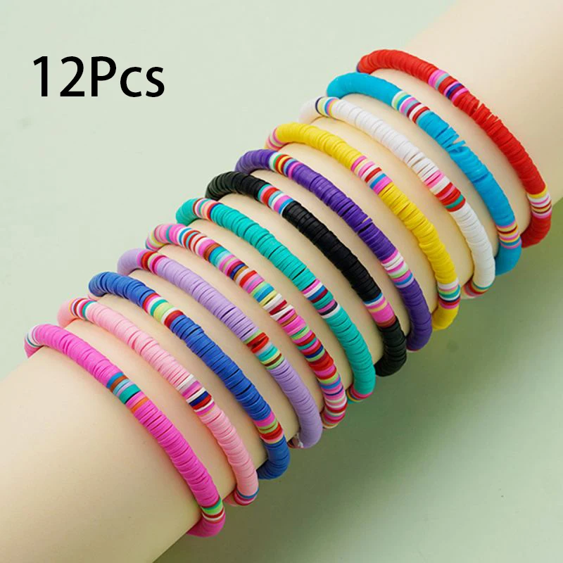 12Pcs/set Surfer Polymer clay String Stretch Bracelet Elastic Layered Friendship Bracelet Bohemian Summer Beach Jewelry