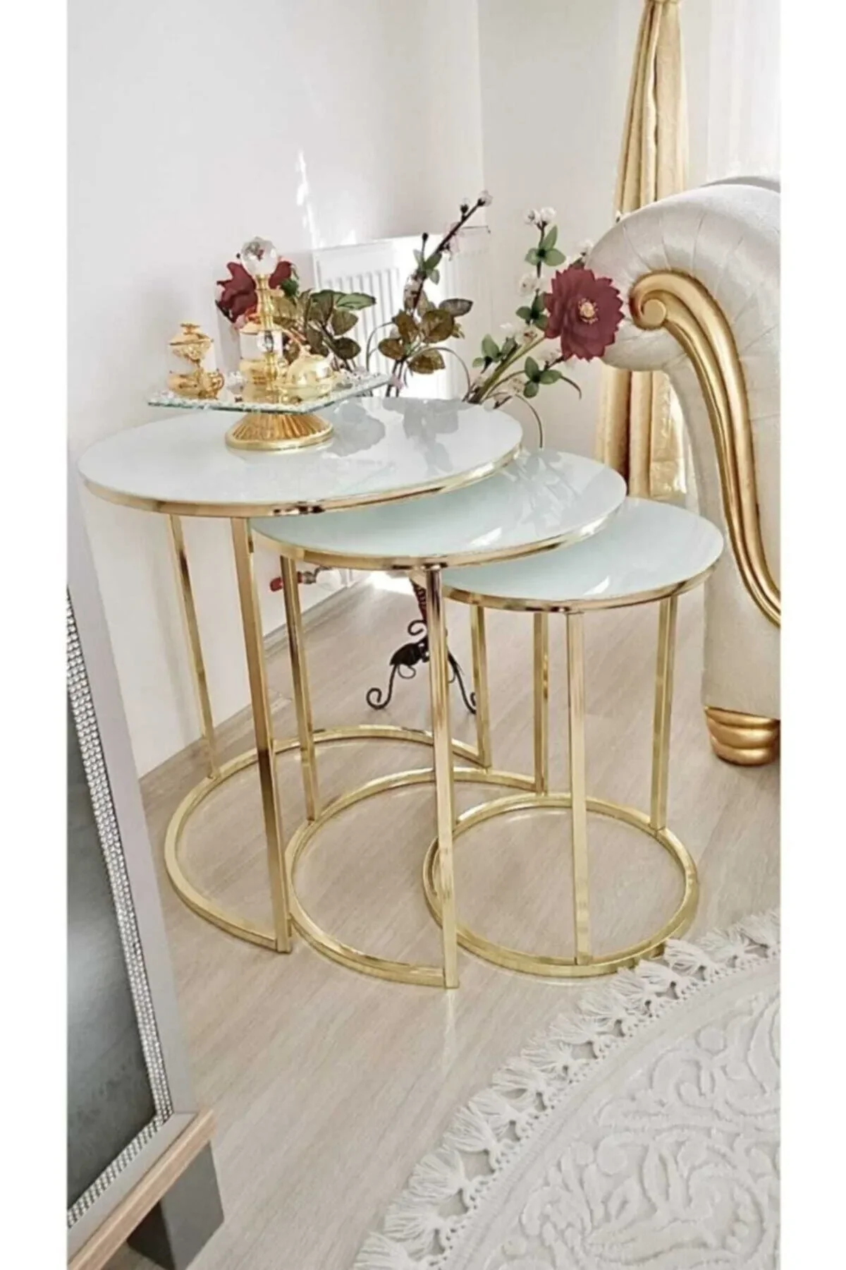 Gold Metal Nesting Table Furniture Unbreakable Black Glass 3 Pieces Scandinavian Side Table Coffee Service Round Living Room