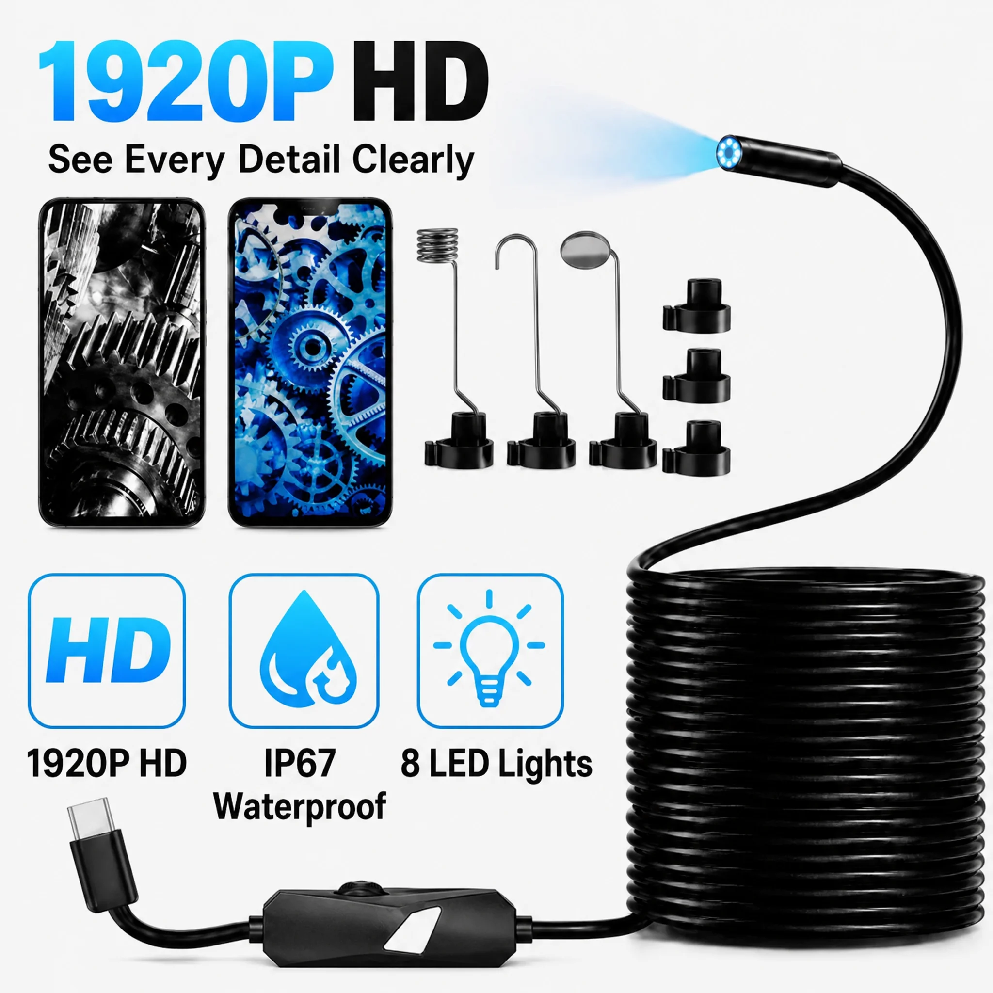 1920P HD Automotive Borescope Inspection Camera 400 Resolution Type C Waterproof Snake Pipe Diagnostic Endoscope for iOS Android