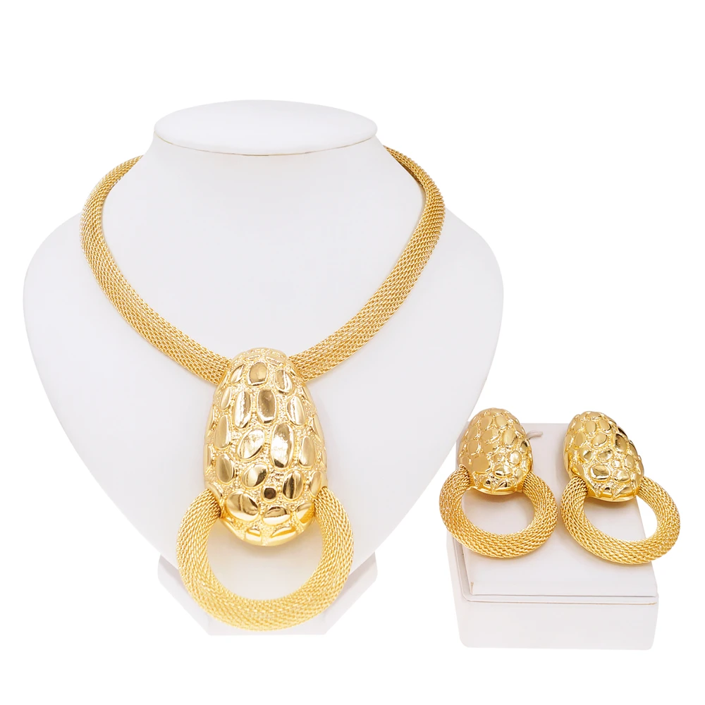 Necklace Earrings Women Jewelry Set Dubai Gold Plated Pendant Egg Shape Pendant Set of Two  Banquet  Gifts for women