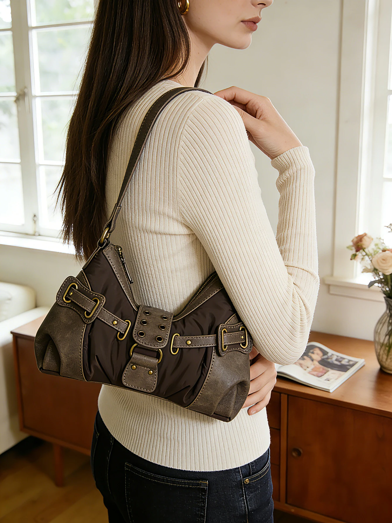 

Women Y2K Grunge Mocha Brown Baguette Bag Retro Shoulder Underarm Purse Vintage Street Style Aesthetic Handbag Fashion for Daily