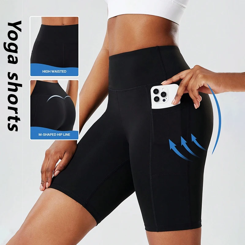 Damen-Yoga-Shorts, Leggings mit Taschen, Biker-Shorts, Sport-Leggings mit hoher Taille, Po-Lift-Leggings für Sommer, Outdoor, Laufen, Workout – Detail 2