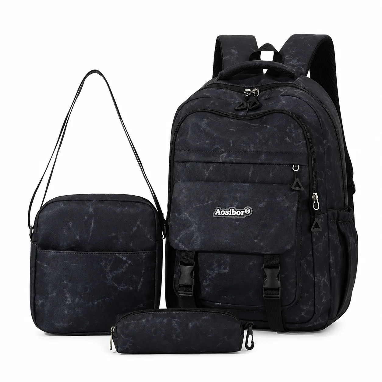 Schulrucksack Set 3-teilig mit Umhängetasche und Mäppchen, Großer Schulrucksack für Mädchen und Jungen, Rucksack mit viel Stauraum und mehreren Fächern, Schultasche für Schule Studium Freizeit Reisen,
