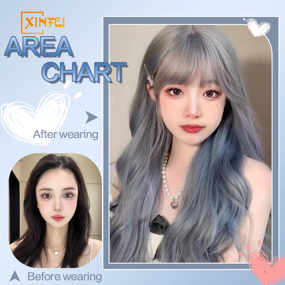 Wig untuk wanita panjang ikal rambut gelombang besar kabut biru Wig dengan poni alami simulasi berbulu Lolita Wig untuk Cospay penggunaan sehari-hari