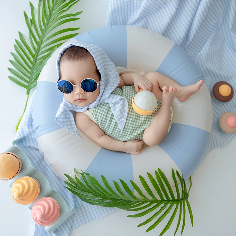 Summer Newborn Photography Outfit Baby Clothing+Shower Cap+Triangle Headscarf Set Beach Swimming Ring Ice Cream Photo Props