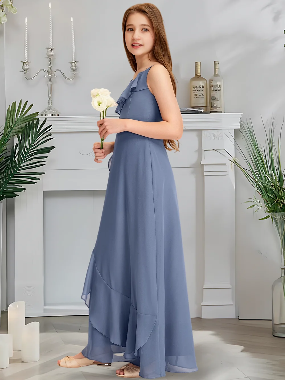 أنيقة ألف خط الرسن الشيفون الدانتيل جونيور فستان وصيفة الشرف الفضة زهرة فتاة فستان الطابق طول ثوب زفاف الكشكشة المتتالية