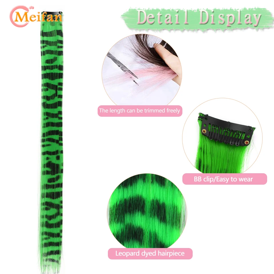 MEIFAN Stripe Printed Hair Synthetic Colorful Straight Hair Clip-in One Piece Hair Extensions Red Green Blue Halloween Hair