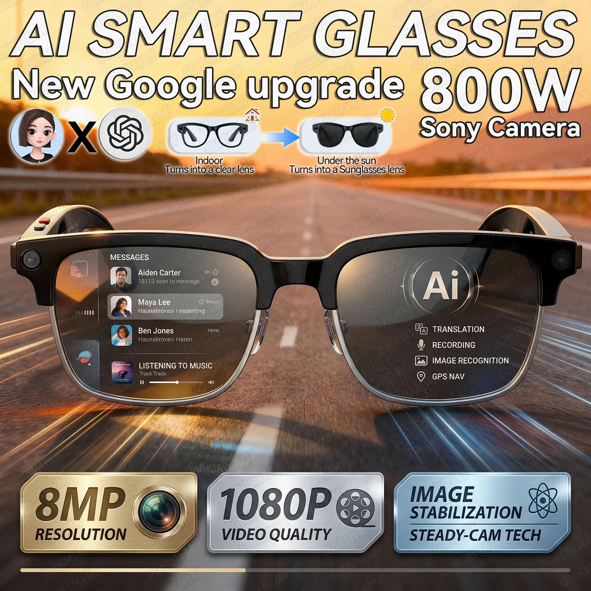 Lunettes Intelligentes IA GUHUAVMI 2026 Nouveauté avec Caméra 8MP, Photo Interpolée 32MP, Vidéo, Transfert WiFi, Activation Vocale IA, Traducteur, Reconnaissance d'Objets, Appel Bluetooth, Double Micro, Réduction de Bruit ENC, Volume Tactile, Chargement Magnétique, Étanchéité IP66, Légères (35g)