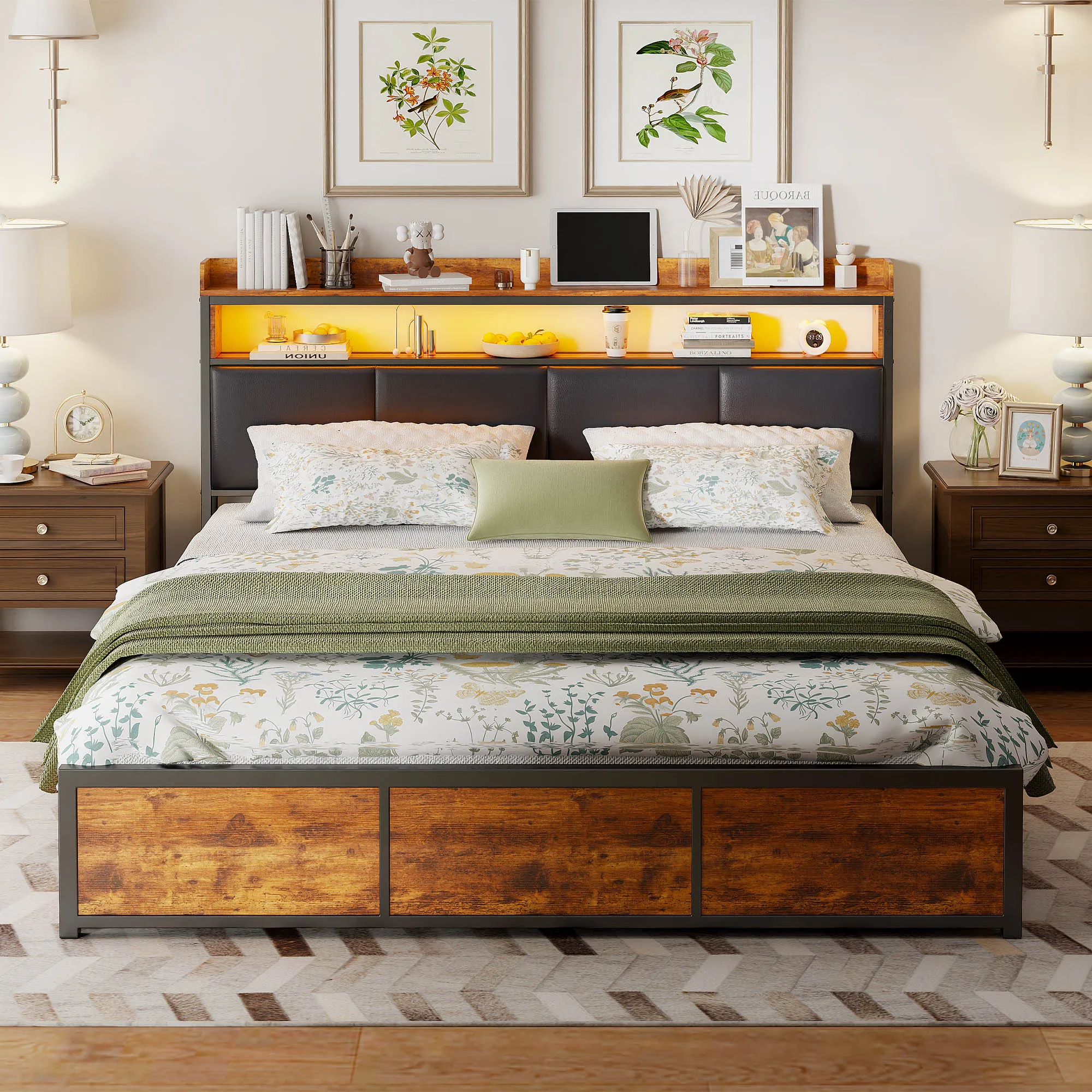 Comanlai Lit rembourré en PU noir, cadre de lit en métal, lit double en bois avec 4 tiroirs de rangement et tête de lit LED de rangement