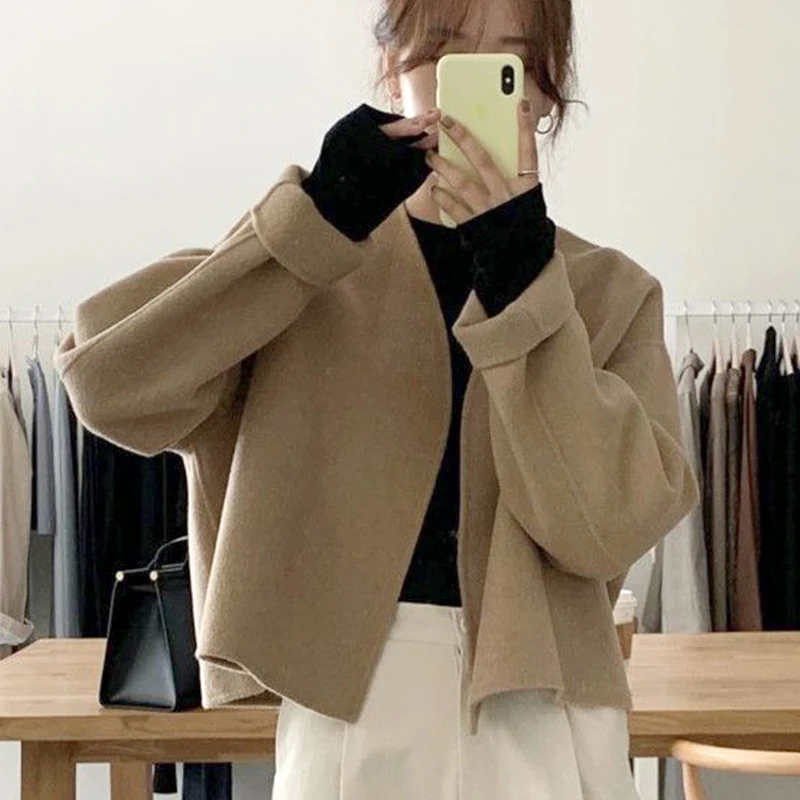 Clothland Women Elegant Open Stitch Woolen Jacket Long Sleeve V Neck Classic Style Autumn Casual Jacket CA319