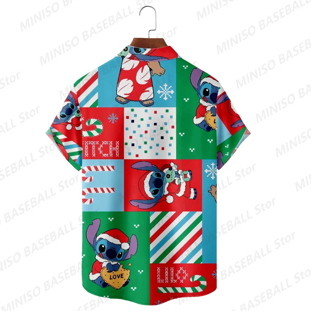 New Summer Disney Stitch Boy&Girl Special Holiday Christmas Custom Special Hawaiian Shirts KID/Adult Casual Cartoon Button Shirt