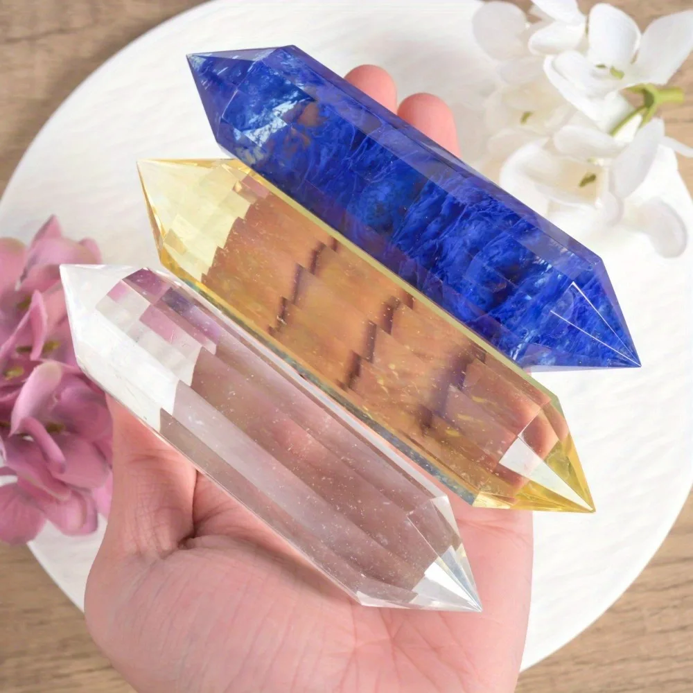 1pc 12-Hedron Vogel Clear White Quartz Double Pointed - Polished Blue Smelting Tower, Yellow Healing Crystal Point, Home Decor