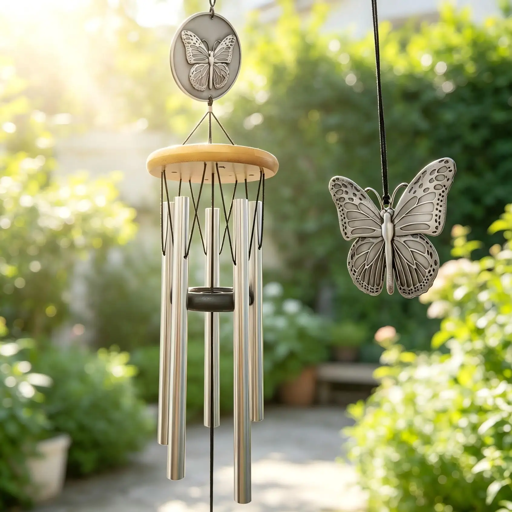 THEYUFA Butterfly Wind Chimes Outdoor, 29 Inch Silver Memorial Windchimes Metal Garden Patio Yard Decor, Unique Gifts for Women