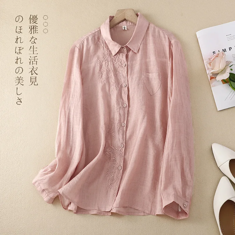 Cotton Linen Ladies Long Sleeve Blouse Shirt Spring Autumn Loose Causal Female Women Single-Breasted Blouse Shirt Top Plus Size