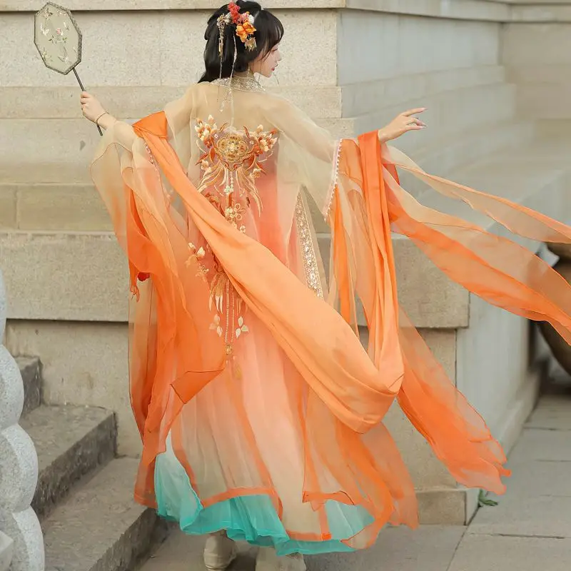 orange folklore dress Orange & Gold Folk Faerie Dress Hand-appliqu Fairycore Formal Gown