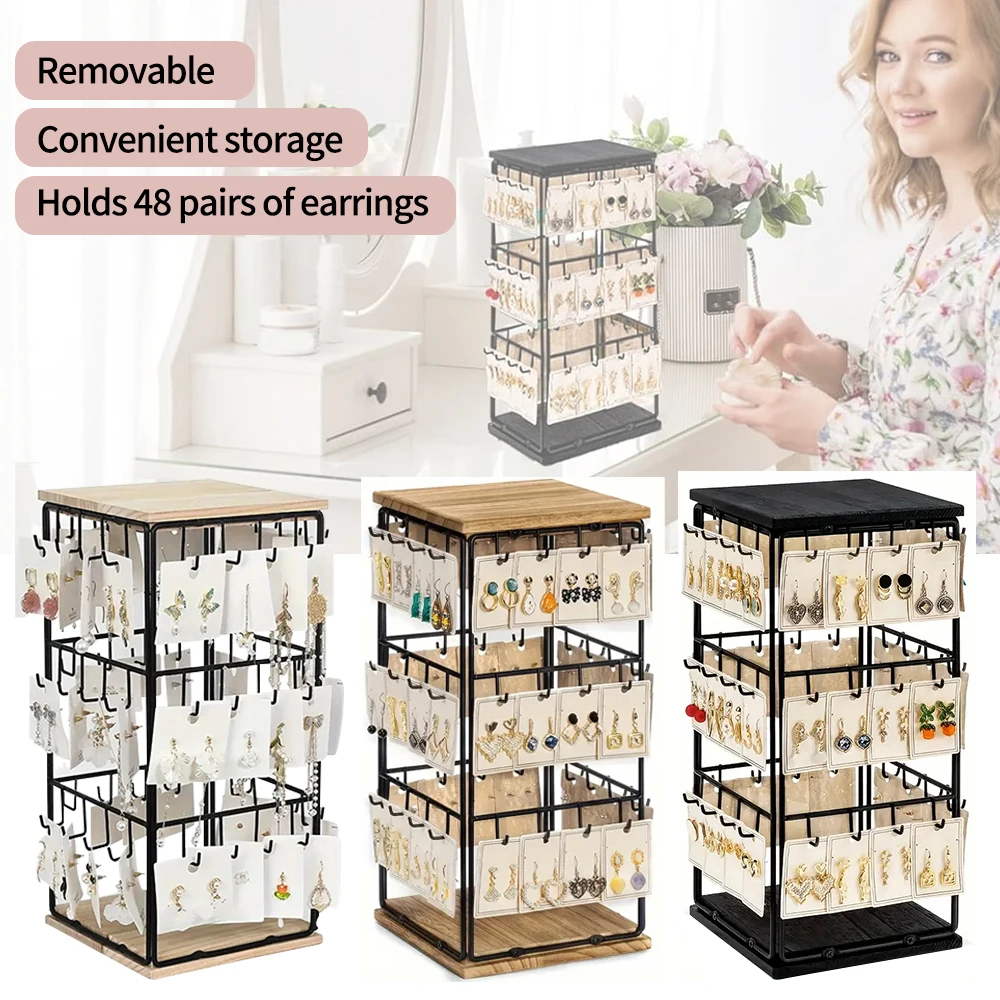 3-layer Wood Earring Desktop Storage Rack 360° Rotating Makeup Jewelry Display Frame Organizer  for Vanity Storage Box