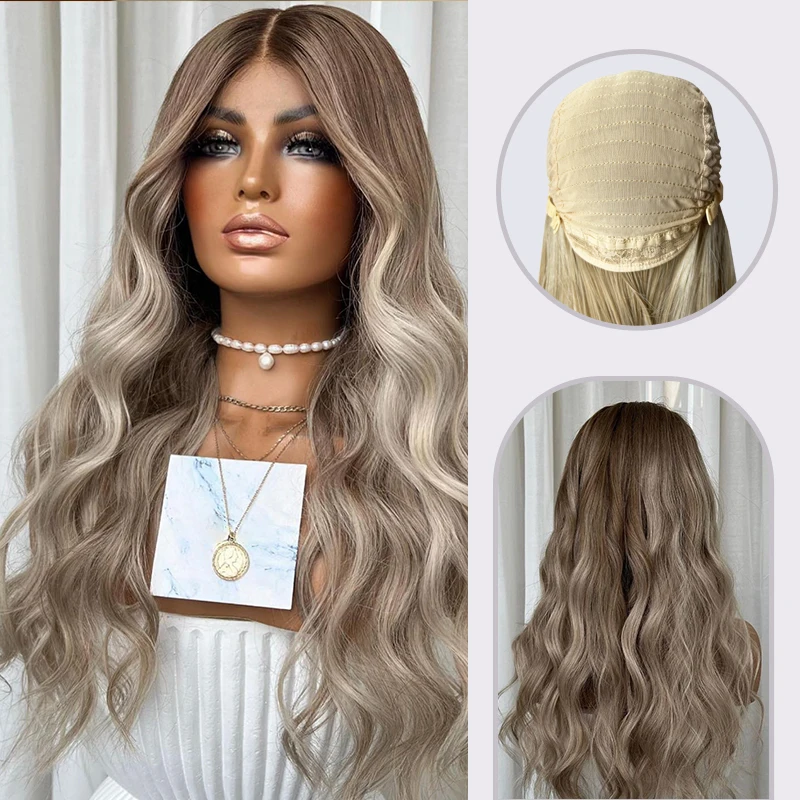 Ombre Blonde Brown Body Wave Synthetic Hair Wigs with Bangs for Black Women Long Curly Dark Roots Cosplay Daily Heat Resistant