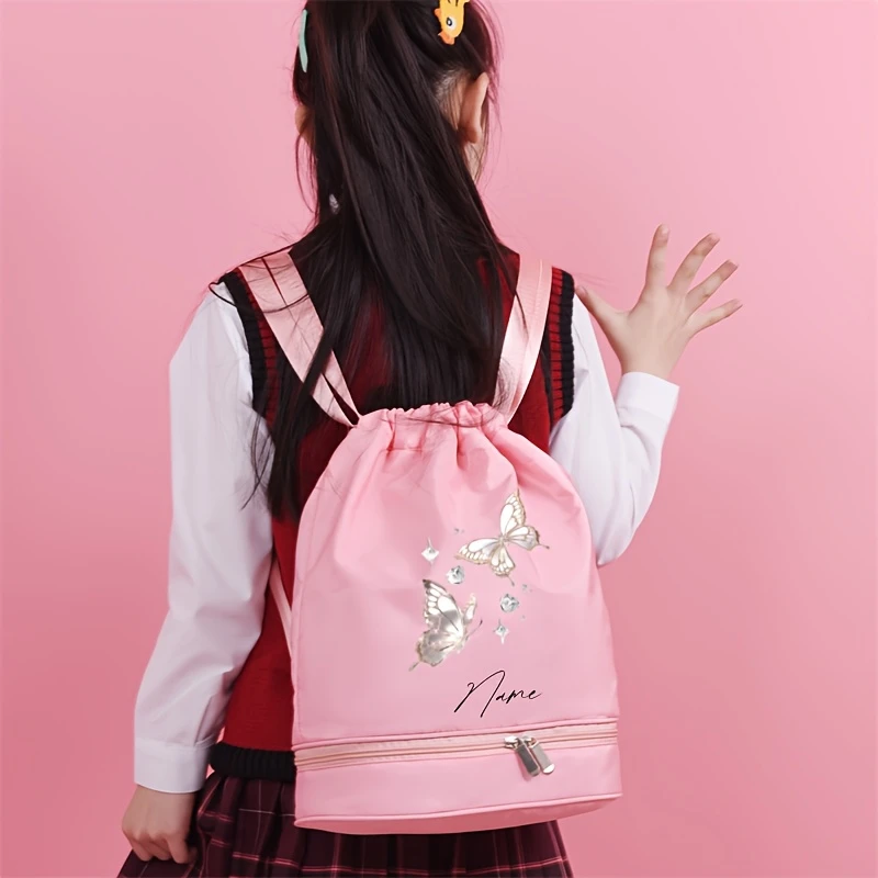 Custom Name Butterfly Print Drawstring Backpack Shoe & Wet-Dry Pocket Yoga Gym Travel Bag Birthday Gift for Teenagers