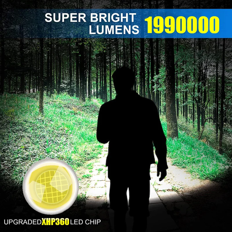 Super XHP360 Most Powerful Led Flashlight 2000000LM LED Torch Light Type-C Rechargeable Tactical Flashlights 26650 Camping Lamp