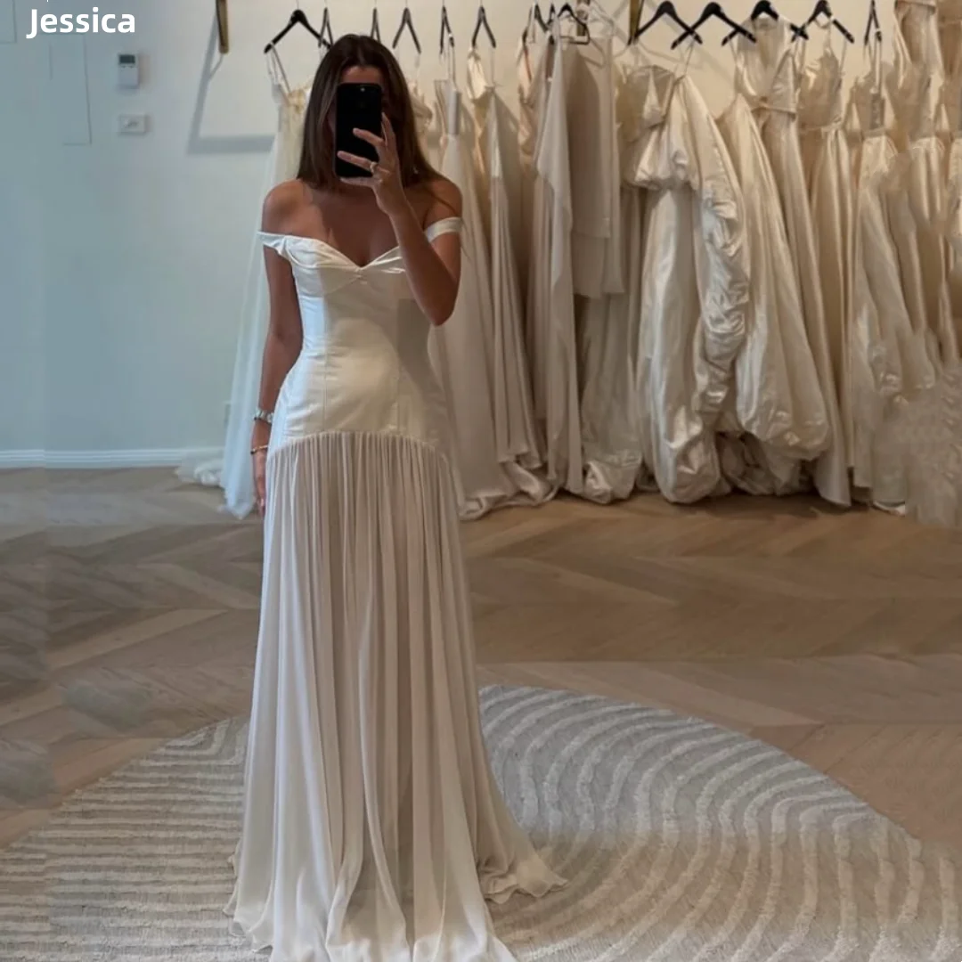 

Jessica Satin White Evening Dresses Sexy Off-shoulder Chiffon Prom Dresses Formal Occasion Ladies Vestidos De Fiesta Customized