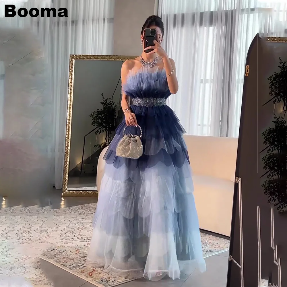 Booma A-Line Prom Dresses Strapless Tiered Tulle Long Formal Occasion Gowns for Women Arabic Party Evening Dress Dubai