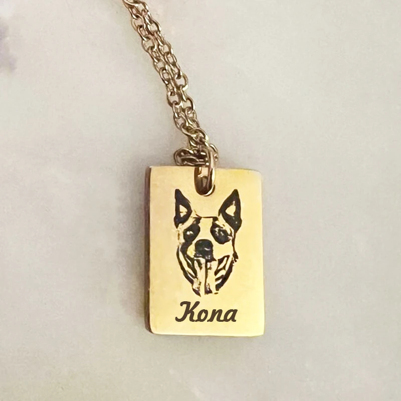 Pet Portrait Custom Rectangle Necklace Name Text Stainless Steel Personalized Custom Necklace Pet Memorial Jewelry For Momen Mom